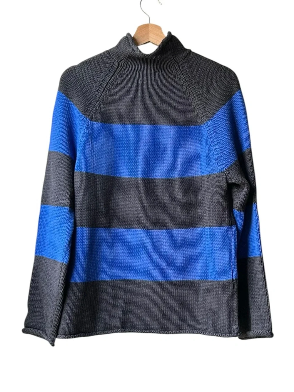 J. Crew 1988 Rollneck sweater in cotton hoop stripe Hthr Black Regal Blue Sz M